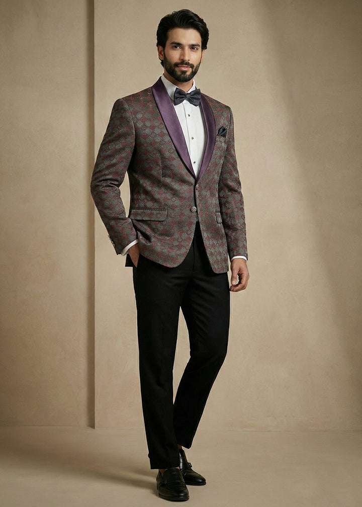 Grey & Wine Premium Jacquard Blazer with Satin Shawl Collar