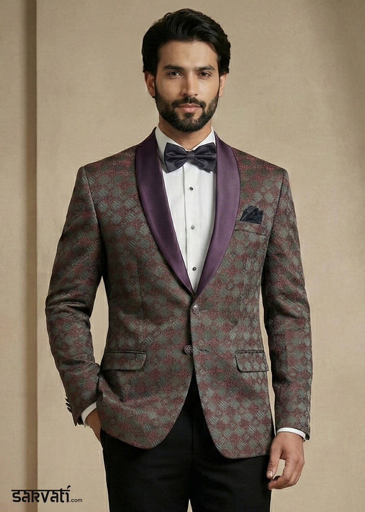 Grey & Wine Premium Jacquard Blazer with Satin Shawl Collar