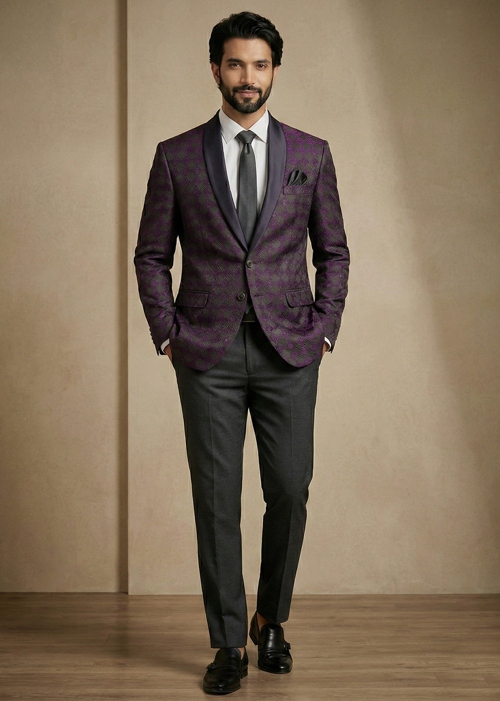 Purple & Charcoal Premium Jacquard Blazer with Satin Shawl Collar