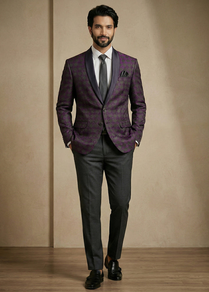 Purple & Charcoal Premium Jacquard Blazer with Satin Shawl Collar