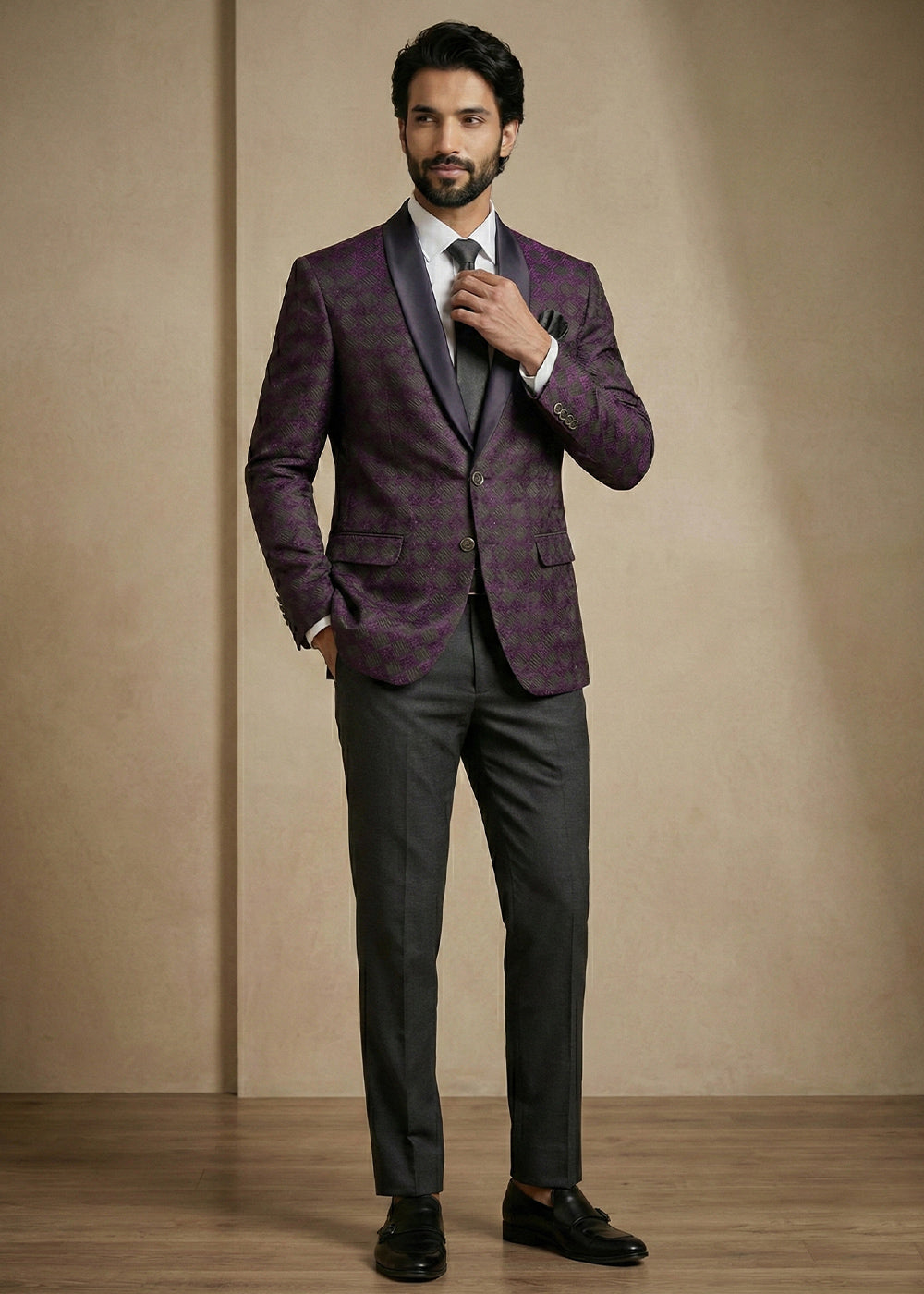 Purple & Charcoal Premium Jacquard Blazer with Satin Shawl Collar