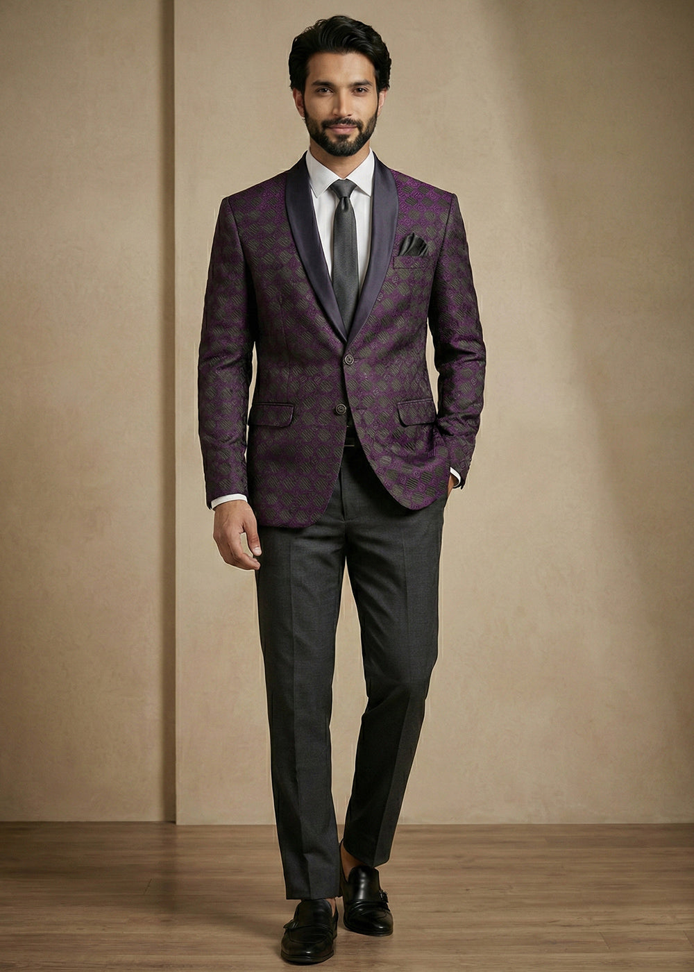 Purple & Charcoal Premium Jacquard Blazer with Satin Shawl Collar