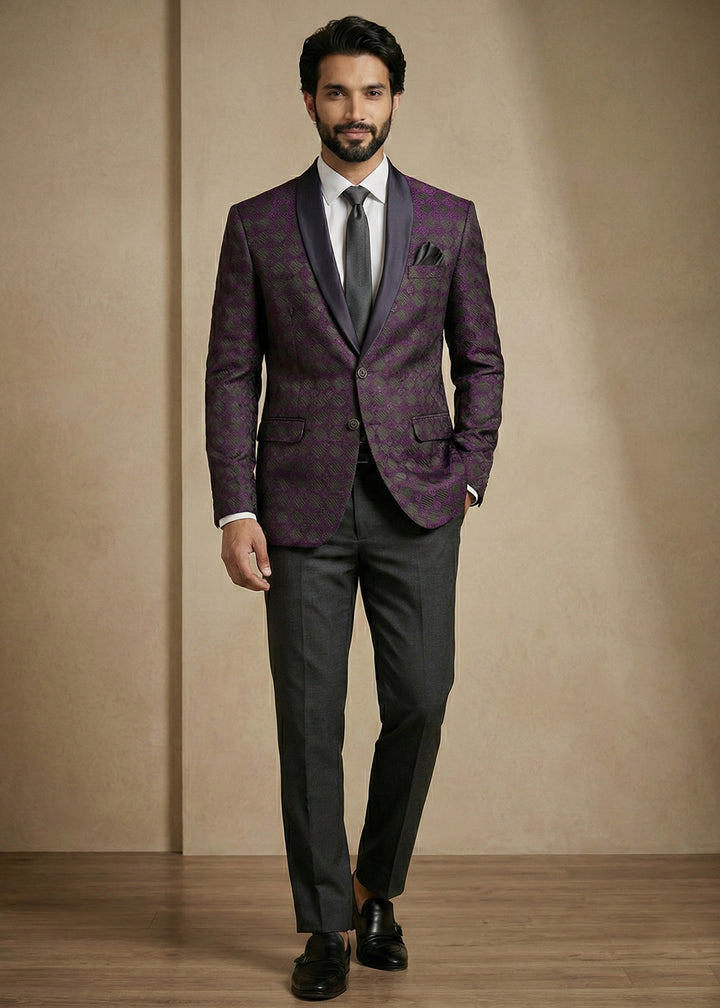 Purple & Charcoal Premium Jacquard Blazer with Satin Shawl Collar