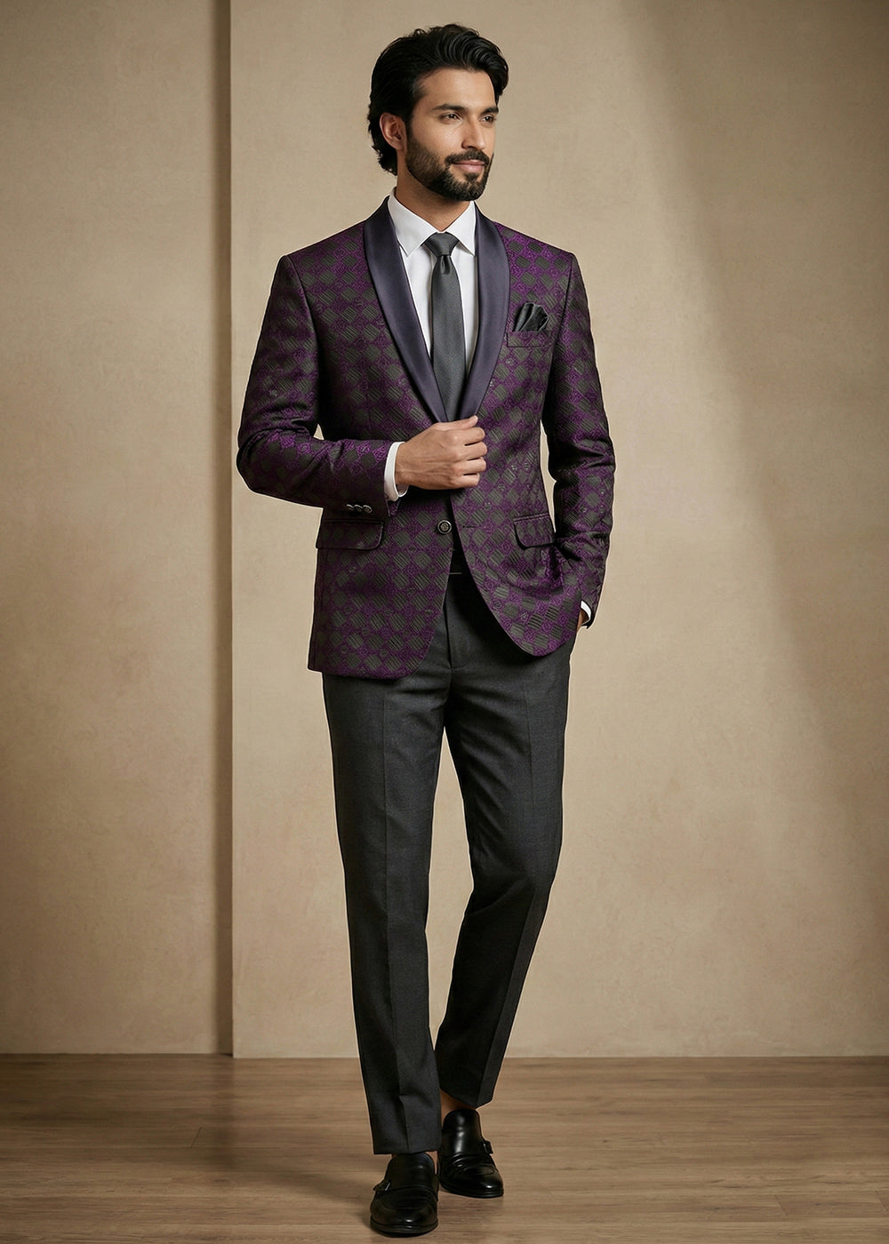 Purple & Charcoal Premium Jacquard Blazer with Satin Shawl Collar