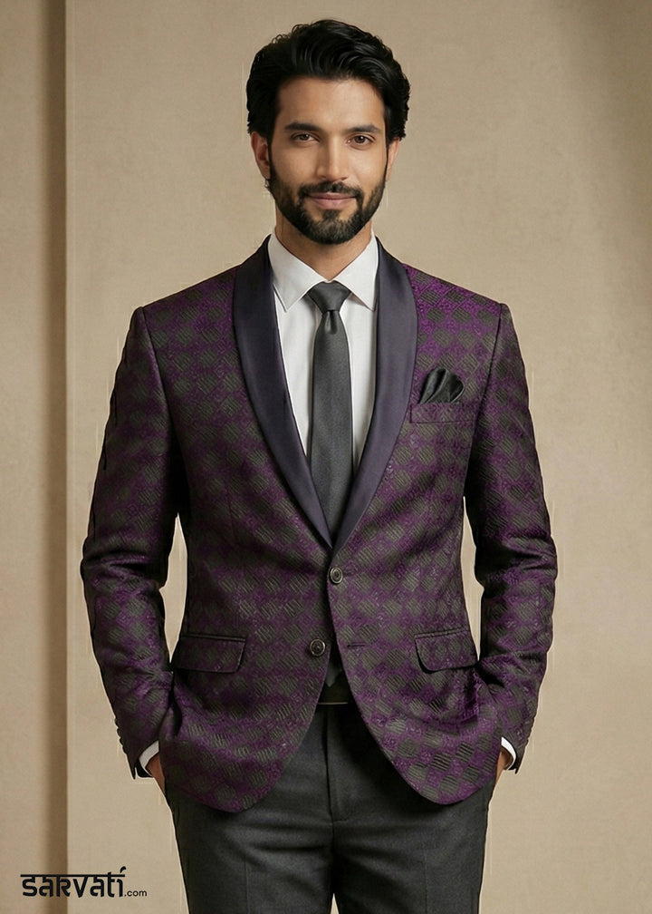 Purple & Charcoal Premium Jacquard Blazer with Satin Shawl Collar