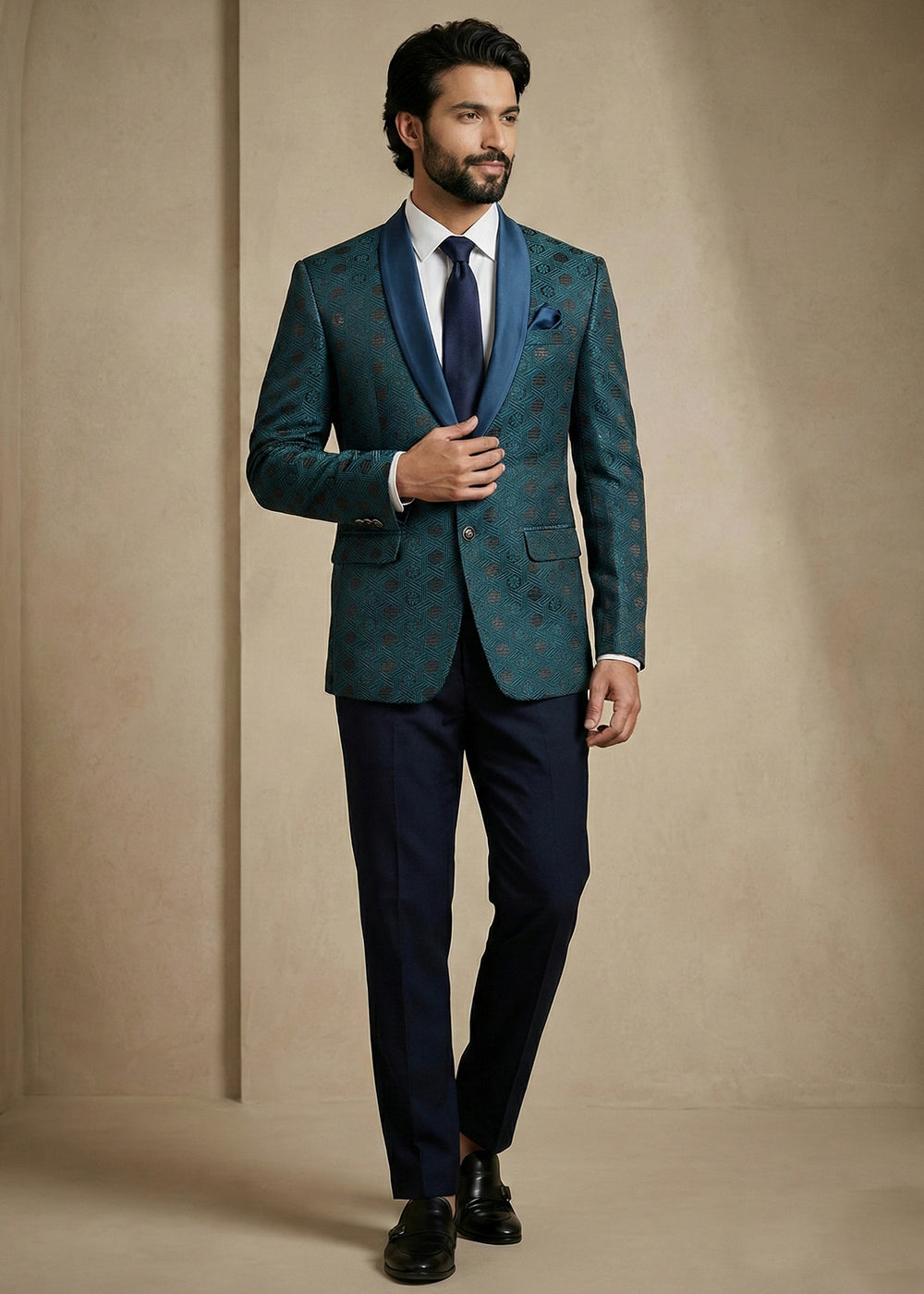 Teal Blue Premium Jacquard Blazer with Satin Shawl Collar