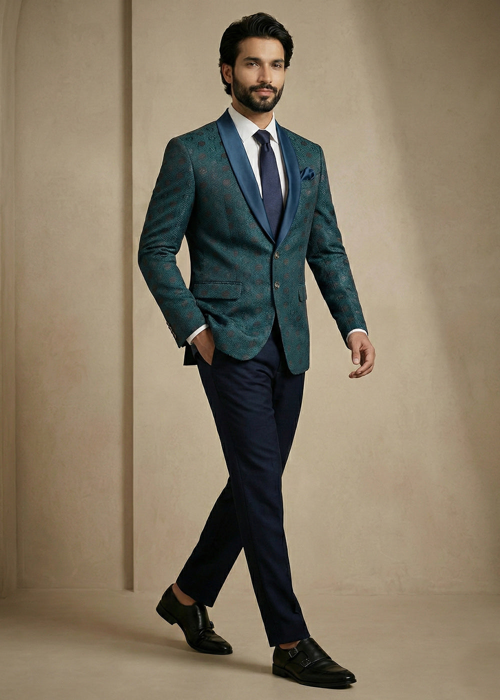 Teal Blue Premium Jacquard Blazer with Satin Shawl Collar