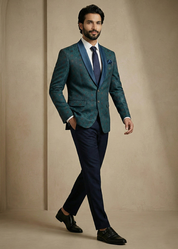 Teal Blue Premium Jacquard Blazer with Satin Shawl Collar