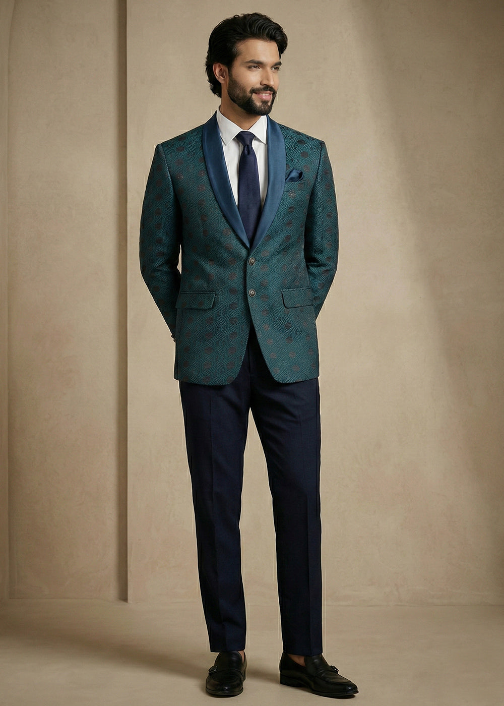 Teal Blue Premium Jacquard Blazer with Satin Shawl Collar