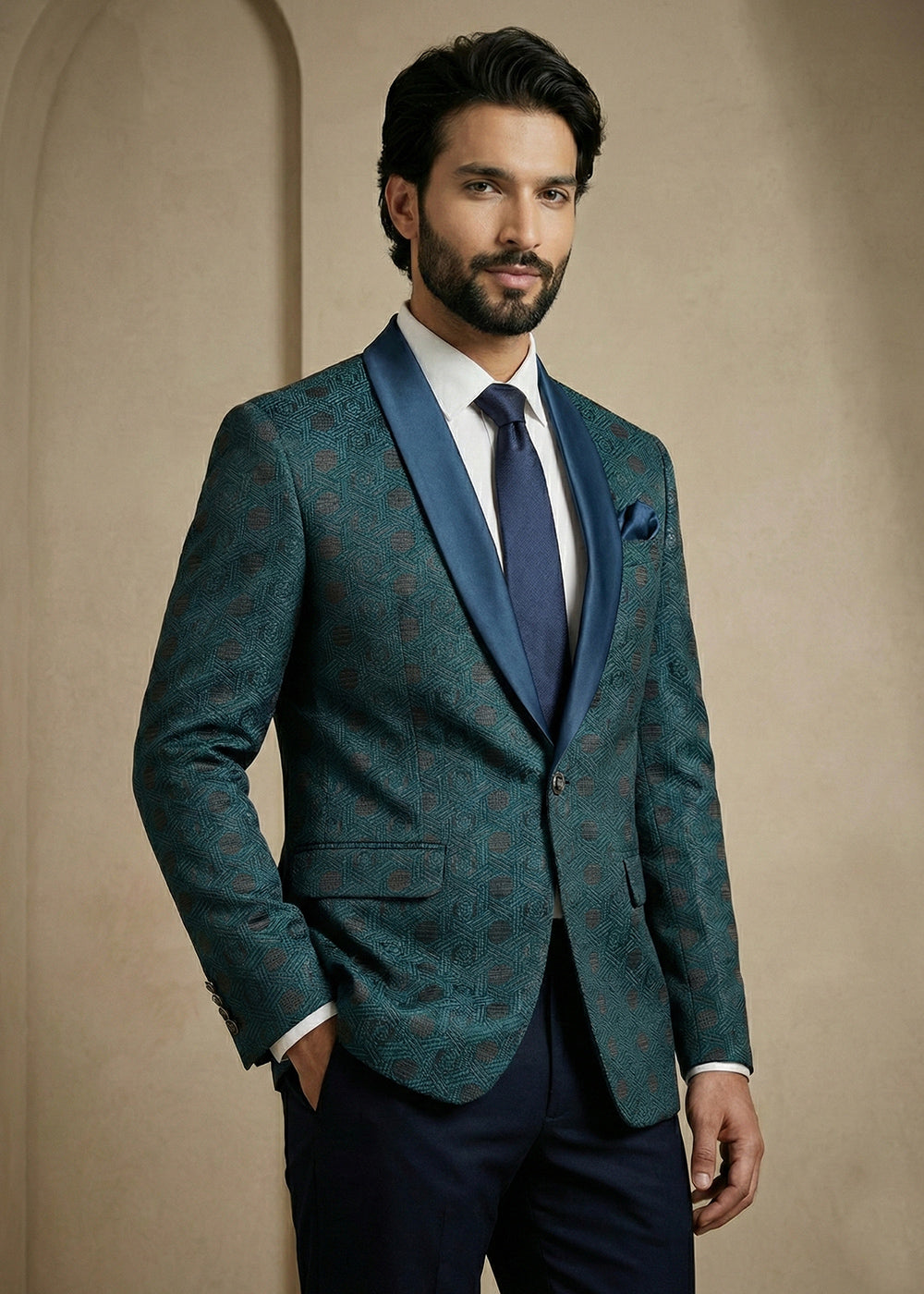 Teal Blue Premium Jacquard Blazer with Satin Shawl Collar