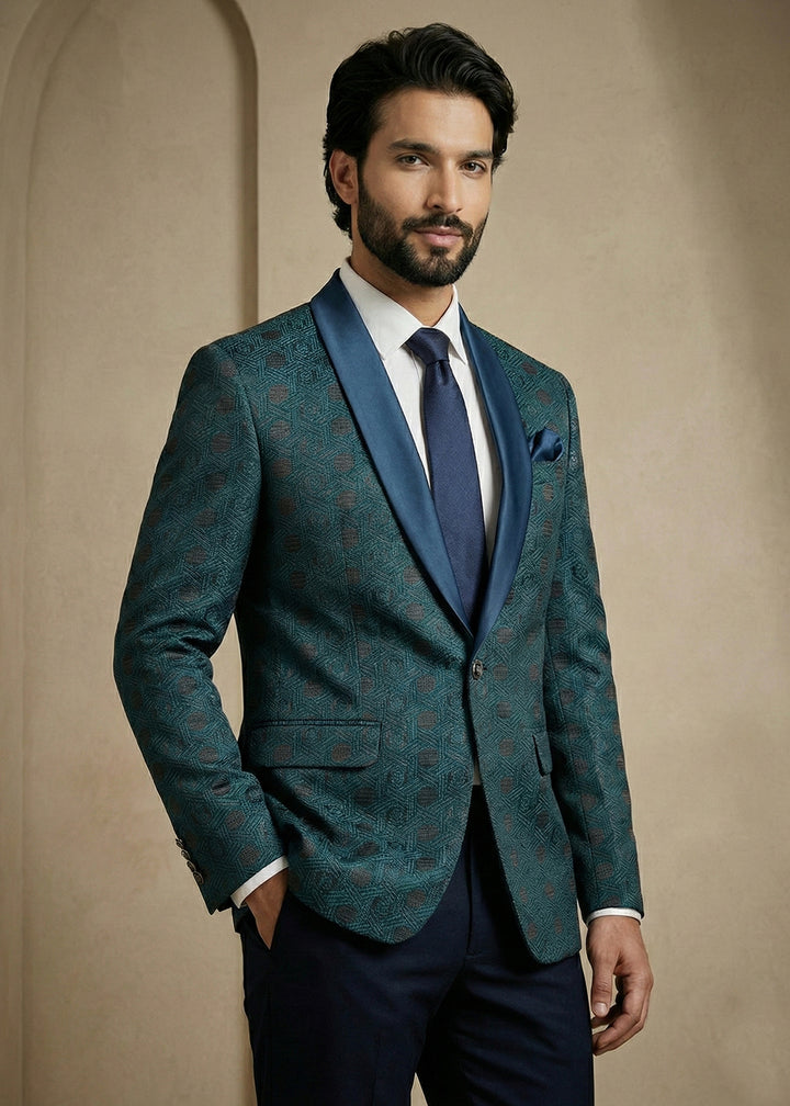 Teal Blue Premium Jacquard Blazer with Satin Shawl Collar