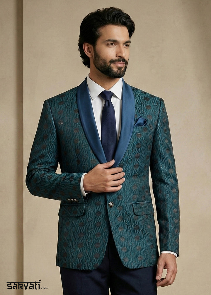 Teal Blue Premium Jacquard Blazer with Satin Shawl Collar