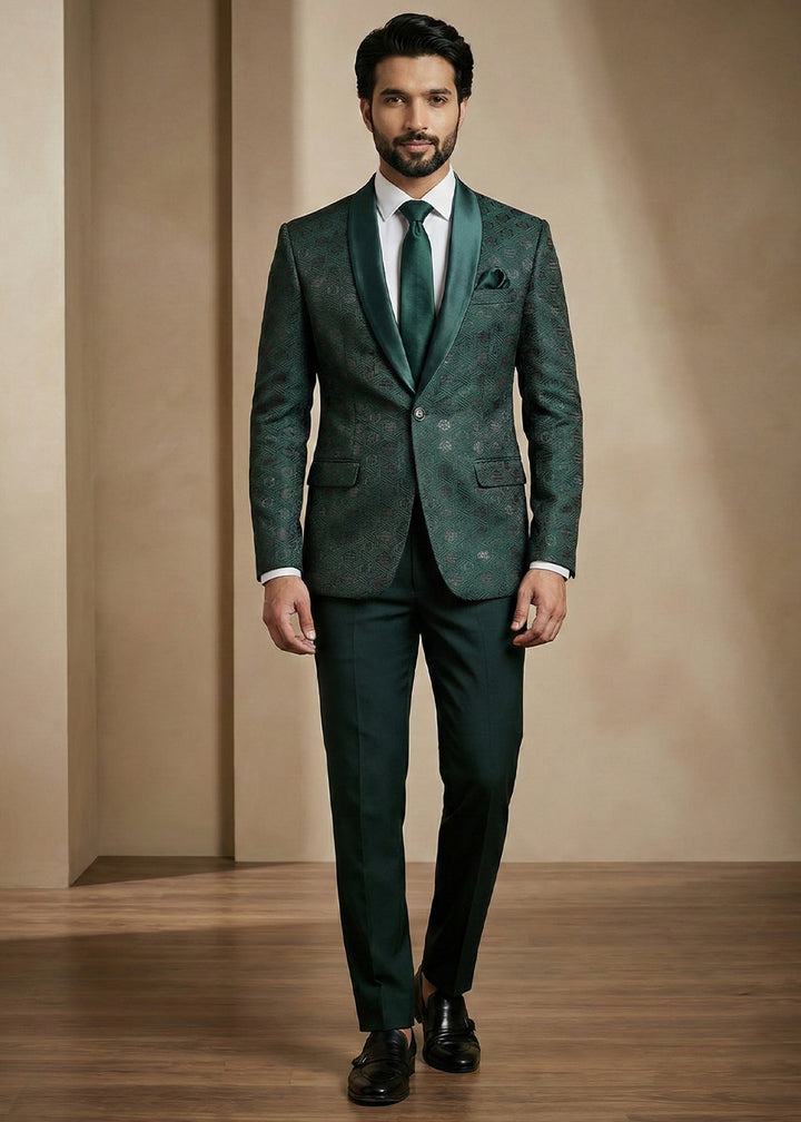 Emerald Green Premium Jacquard Blazer with Satin Shawl Collar