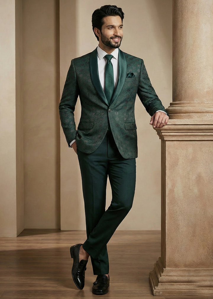 Emerald Green Premium Jacquard Blazer with Satin Shawl Collar