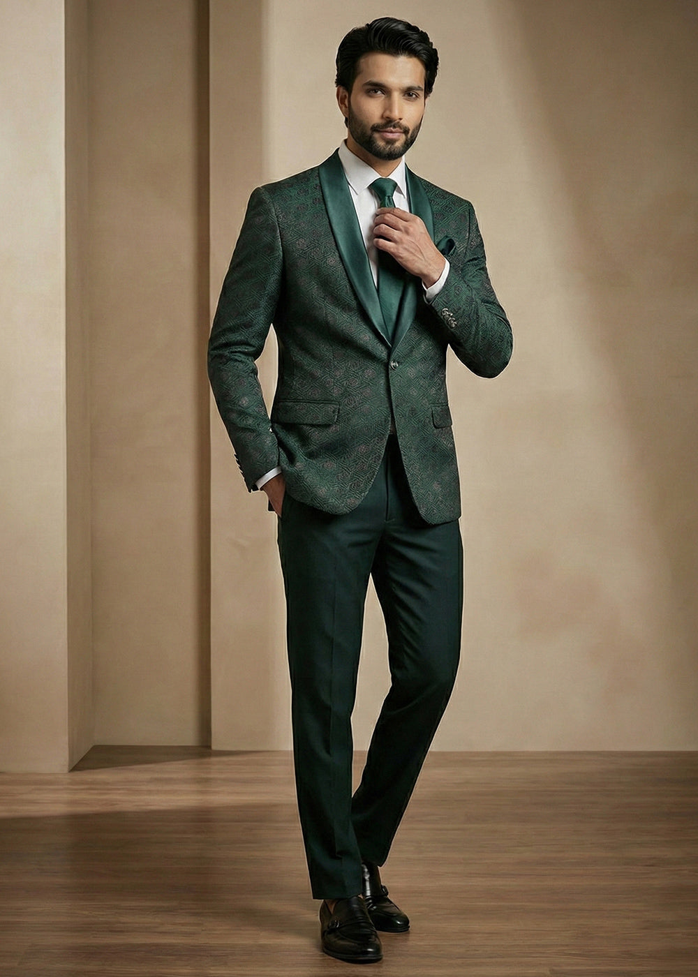 Emerald Green Premium Jacquard Blazer with Satin Shawl Collar