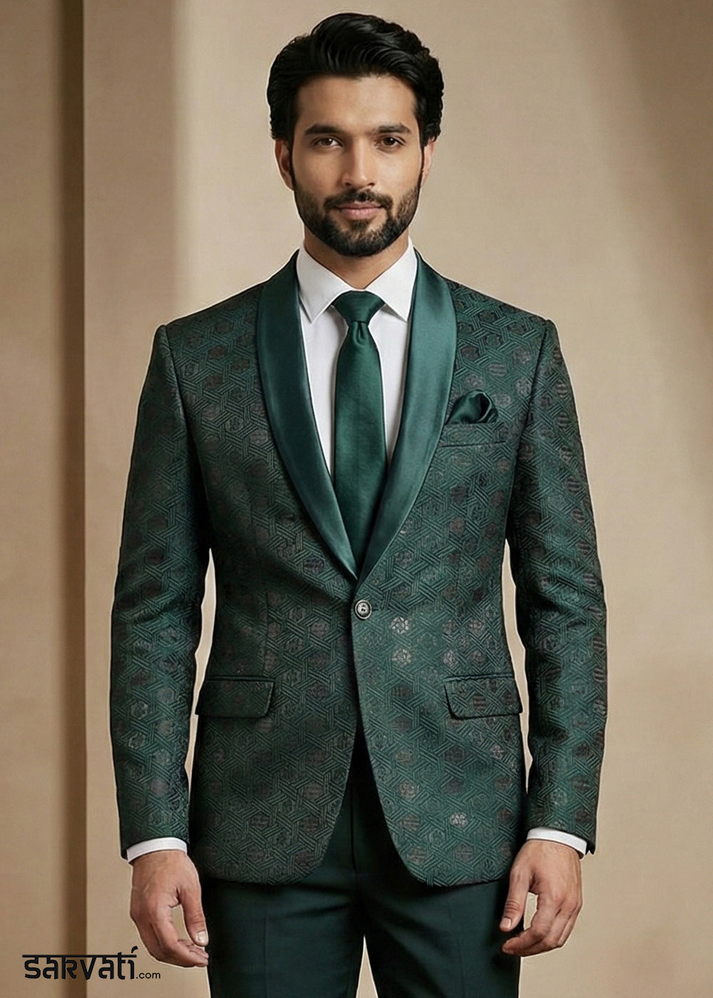 Emerald Green Premium Jacquard Blazer with Satin Shawl Collar