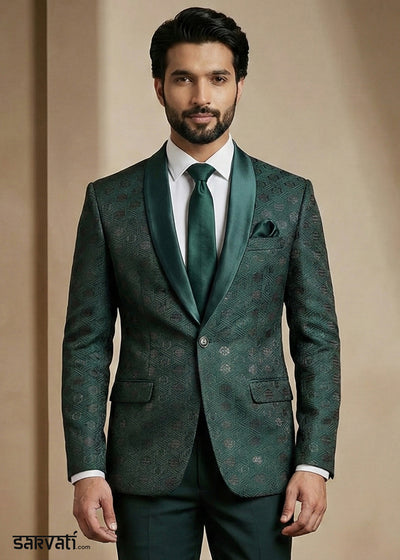 Emerald Green Premium Jacquard Blazer with Satin Shawl Collar