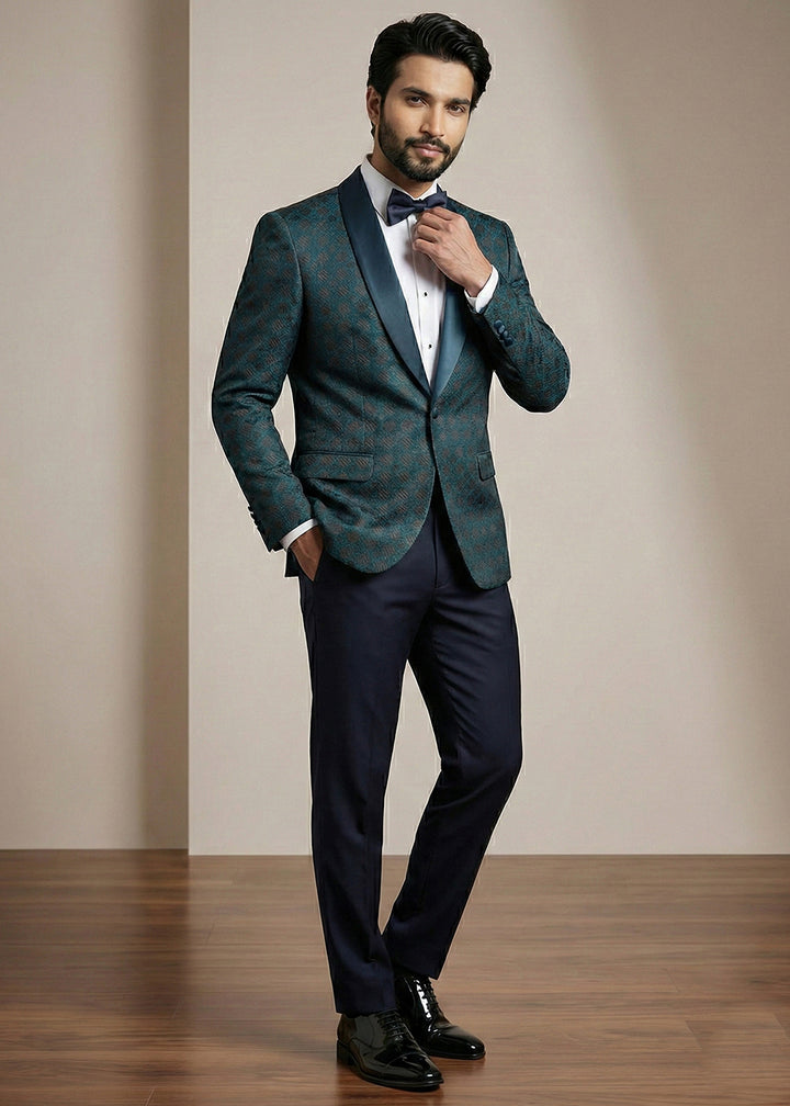 Dark Teal Blue Premium Jacquard Blazer with Satin Shawl Collar