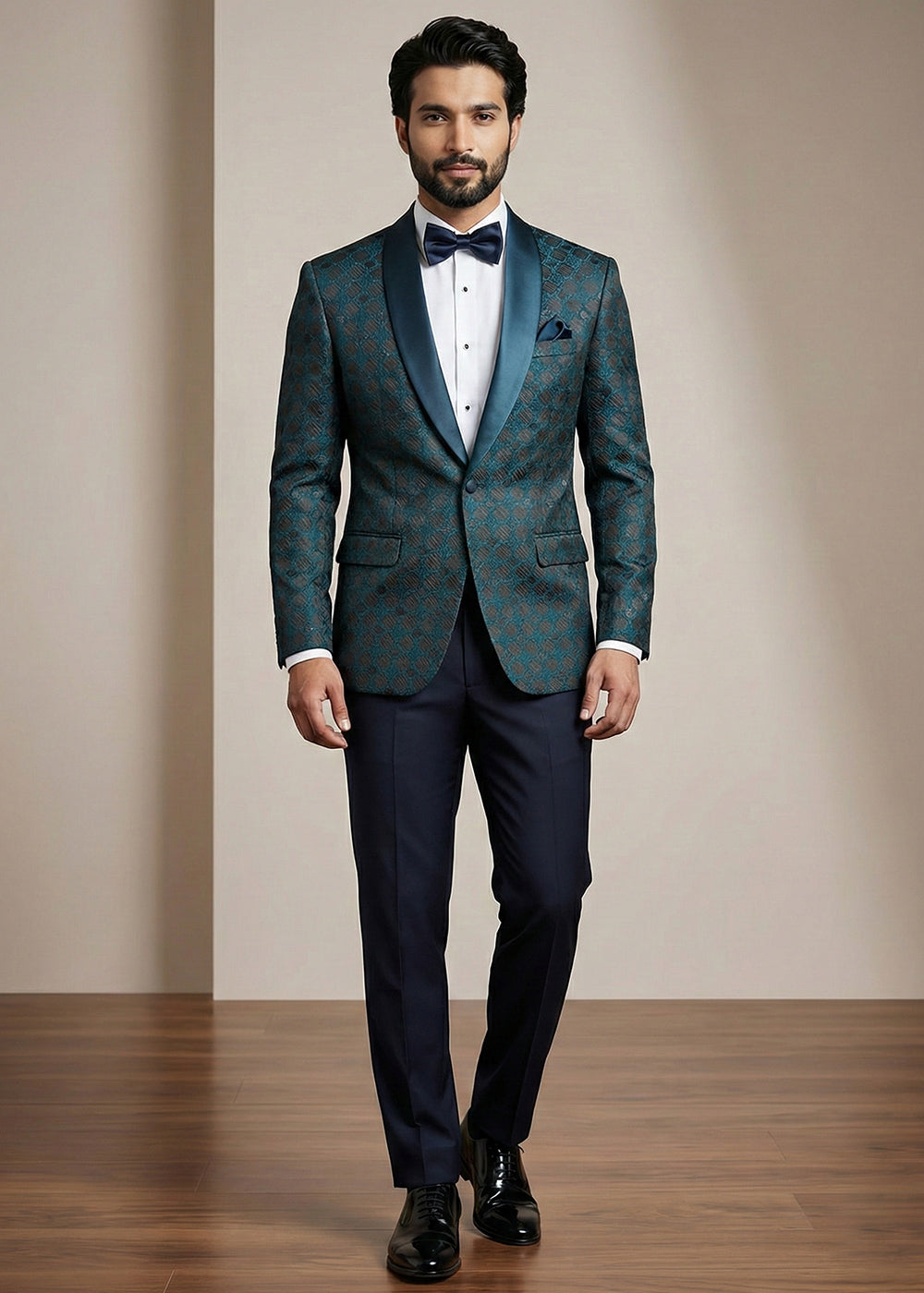 Dark Teal Blue Premium Jacquard Blazer with Satin Shawl Collar