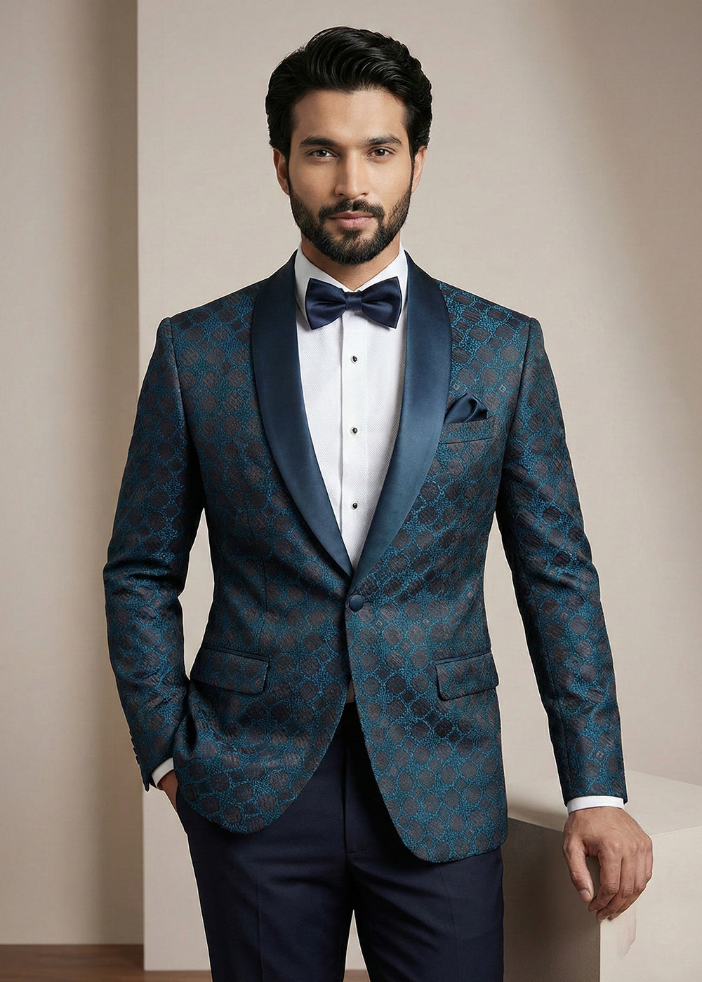 Dark Teal Blue Premium Jacquard Blazer with Satin Shawl Collar