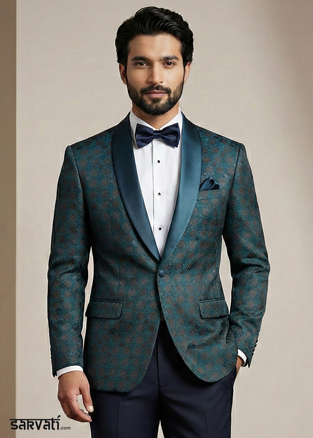 Dark Teal Blue Premium Jacquard Blazer with Satin Shawl Collar