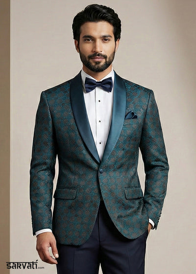 Dark Teal Blue Premium Jacquard Blazer with Satin Shawl Collar