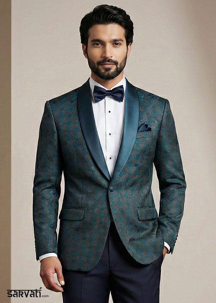 Dark Teal Blue Premium Jacquard Blazer with Satin Shawl Collar