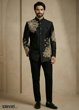 Black Satin Silk Jodhpuri Suit with Floral Embroidery