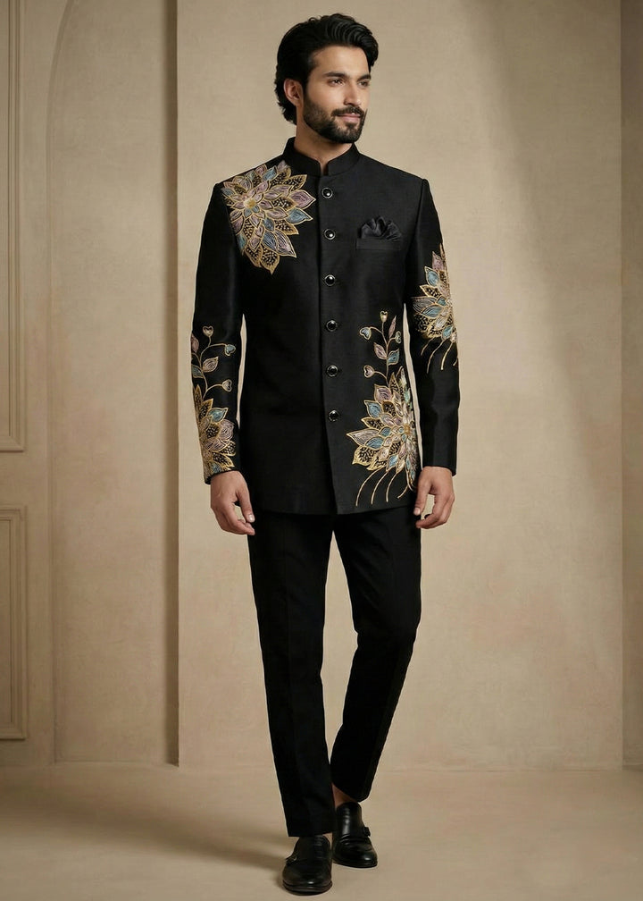 Black Satin Silk Jodhpuri Suit with Floral Embroidery