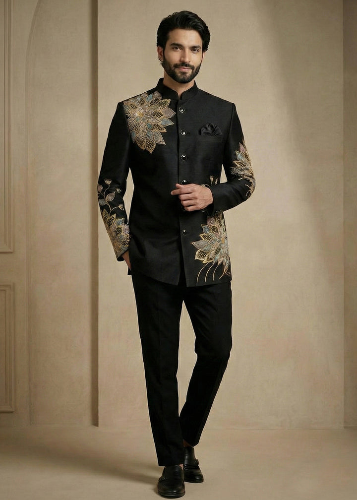Black Satin Silk Jodhpuri Suit with Floral Embroidery