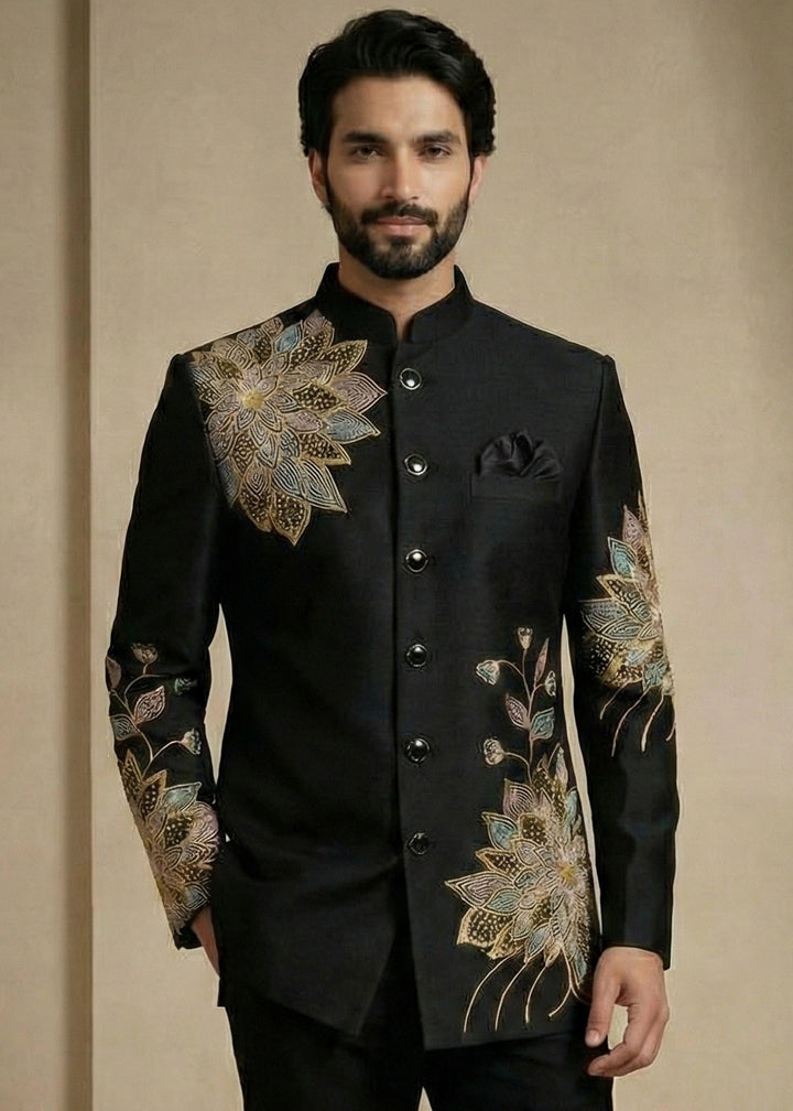 Black Satin Silk Jodhpuri Suit with Floral Embroidery