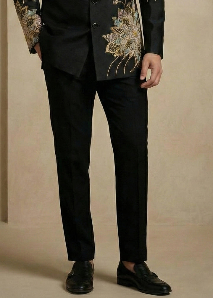 Black Satin Silk Jodhpuri Suit with Floral Embroidery