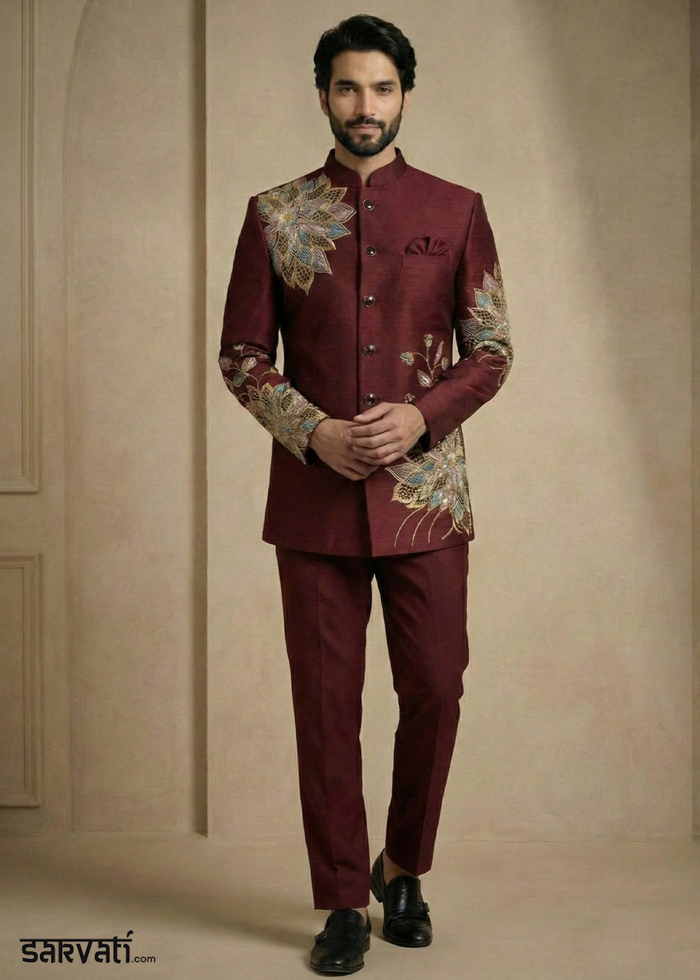 Dark Maroon Satin Silk Jodhpuri Suit with Floral Embroidery