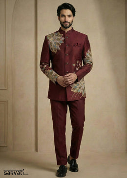 Dark Maroon Satin Silk Jodhpuri Suit with Floral Embroidery