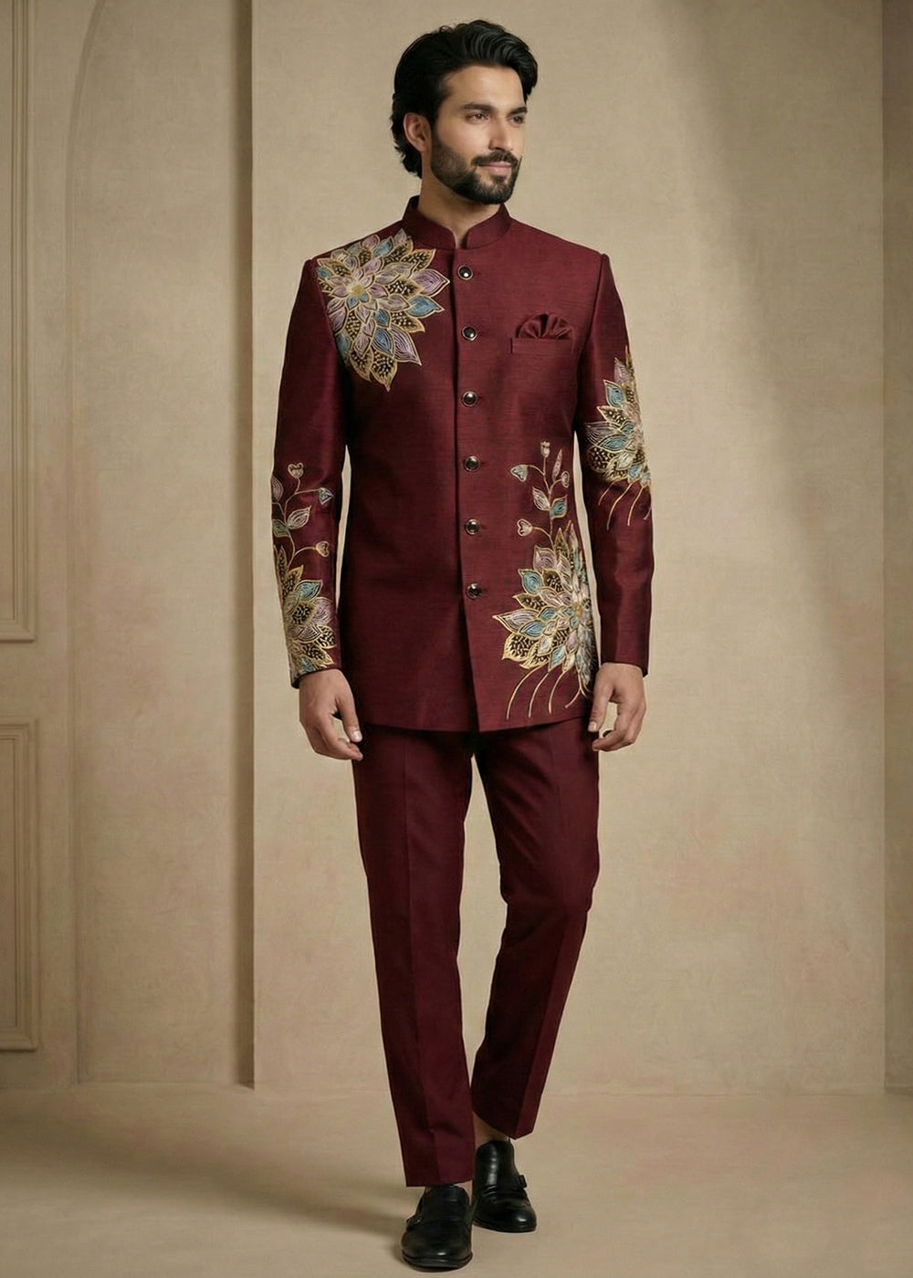 Dark Maroon Satin Silk Jodhpuri Suit with Floral Embroidery