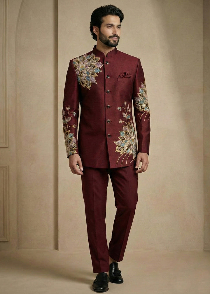 Dark Maroon Satin Silk Jodhpuri Suit with Floral Embroidery