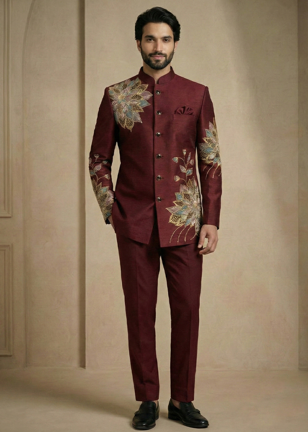 Dark Maroon Satin Silk Jodhpuri Suit with Floral Embroidery