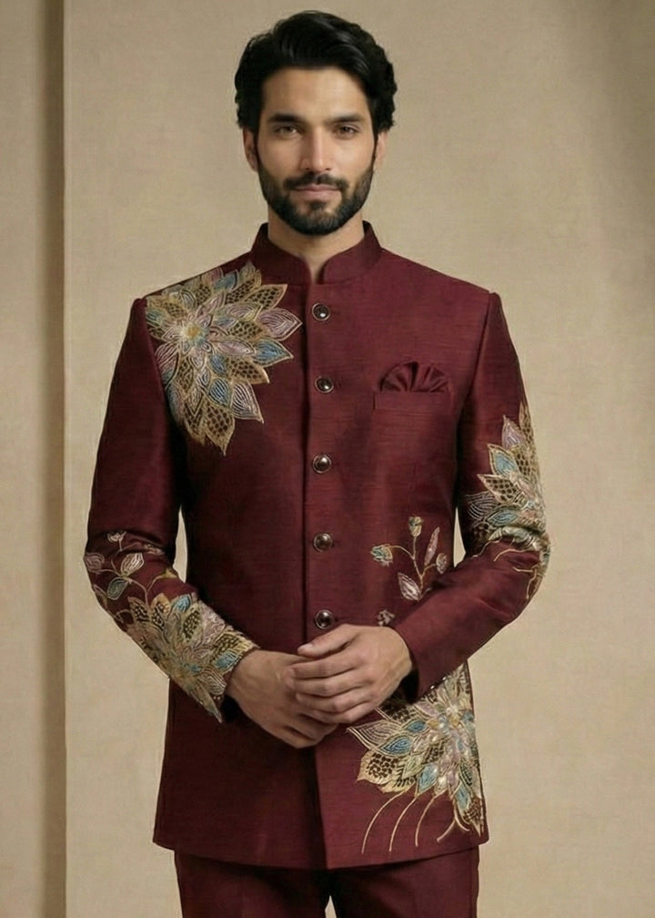 Dark Maroon Satin Silk Jodhpuri Suit with Floral Embroidery