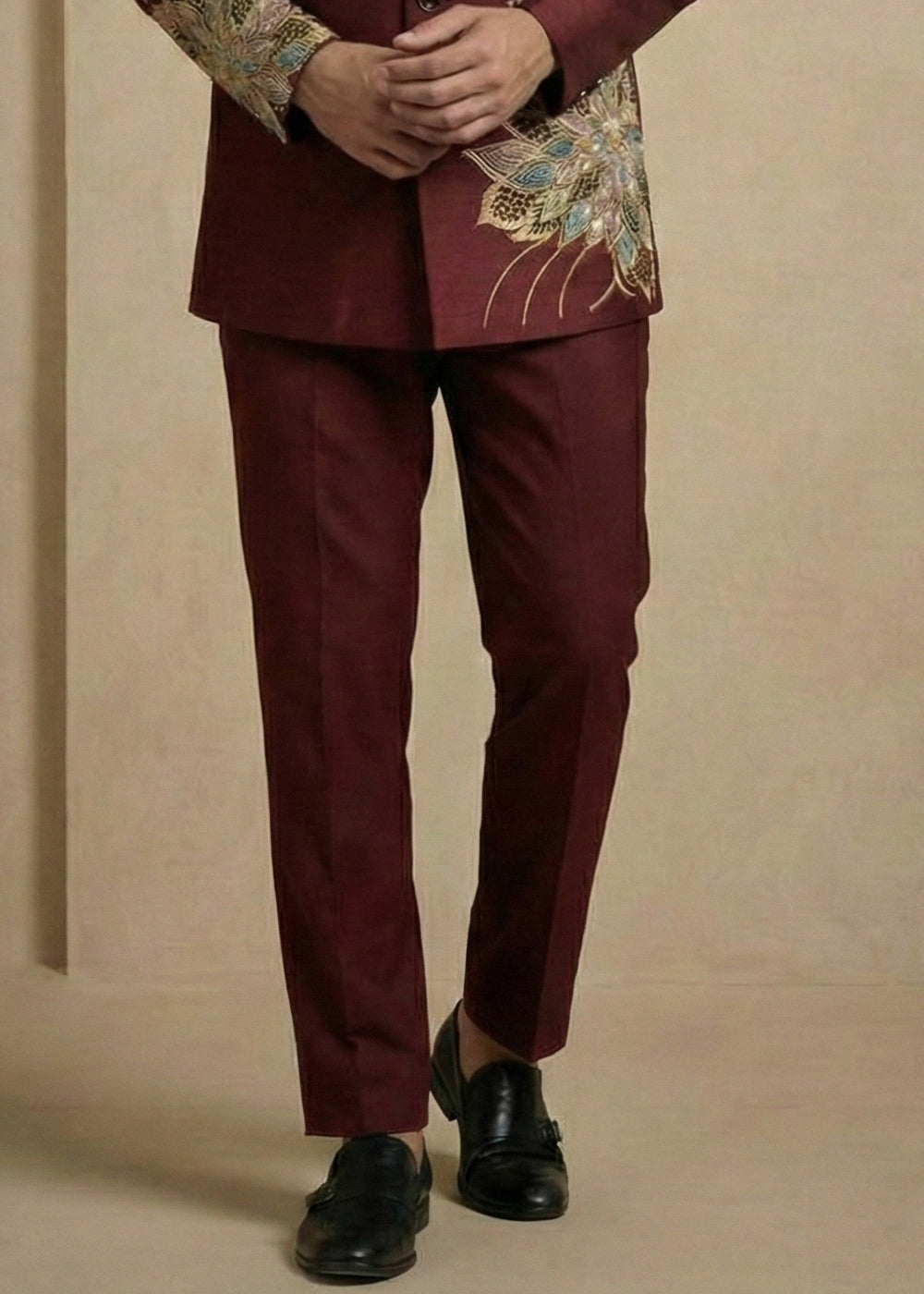Dark Maroon Satin Silk Jodhpuri Suit with Floral Embroidery