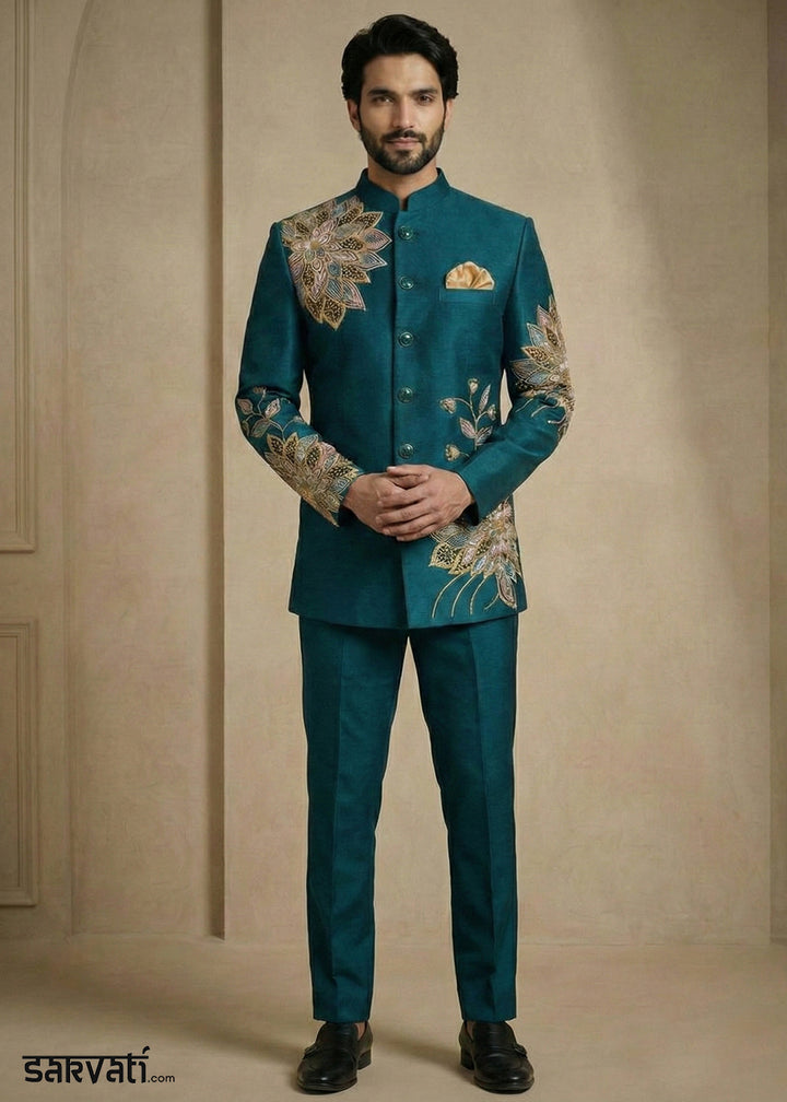 Teal Satin Silk Jodhpuri Suit with Floral Embroidery