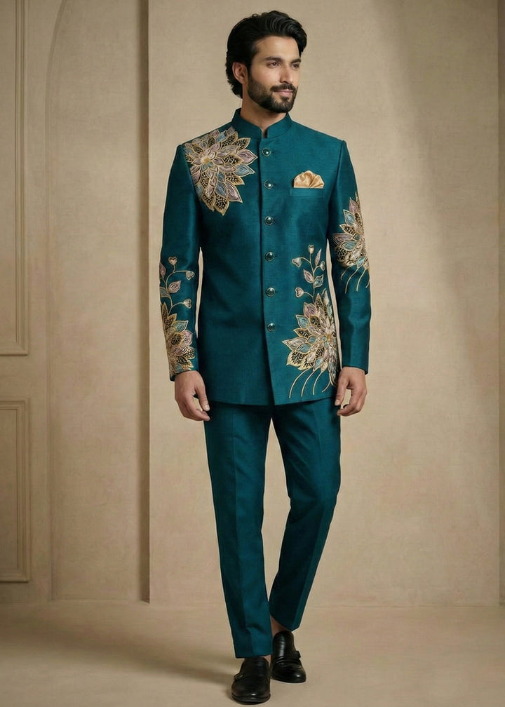 Teal Satin Silk Jodhpuri Suit with Floral Embroidery