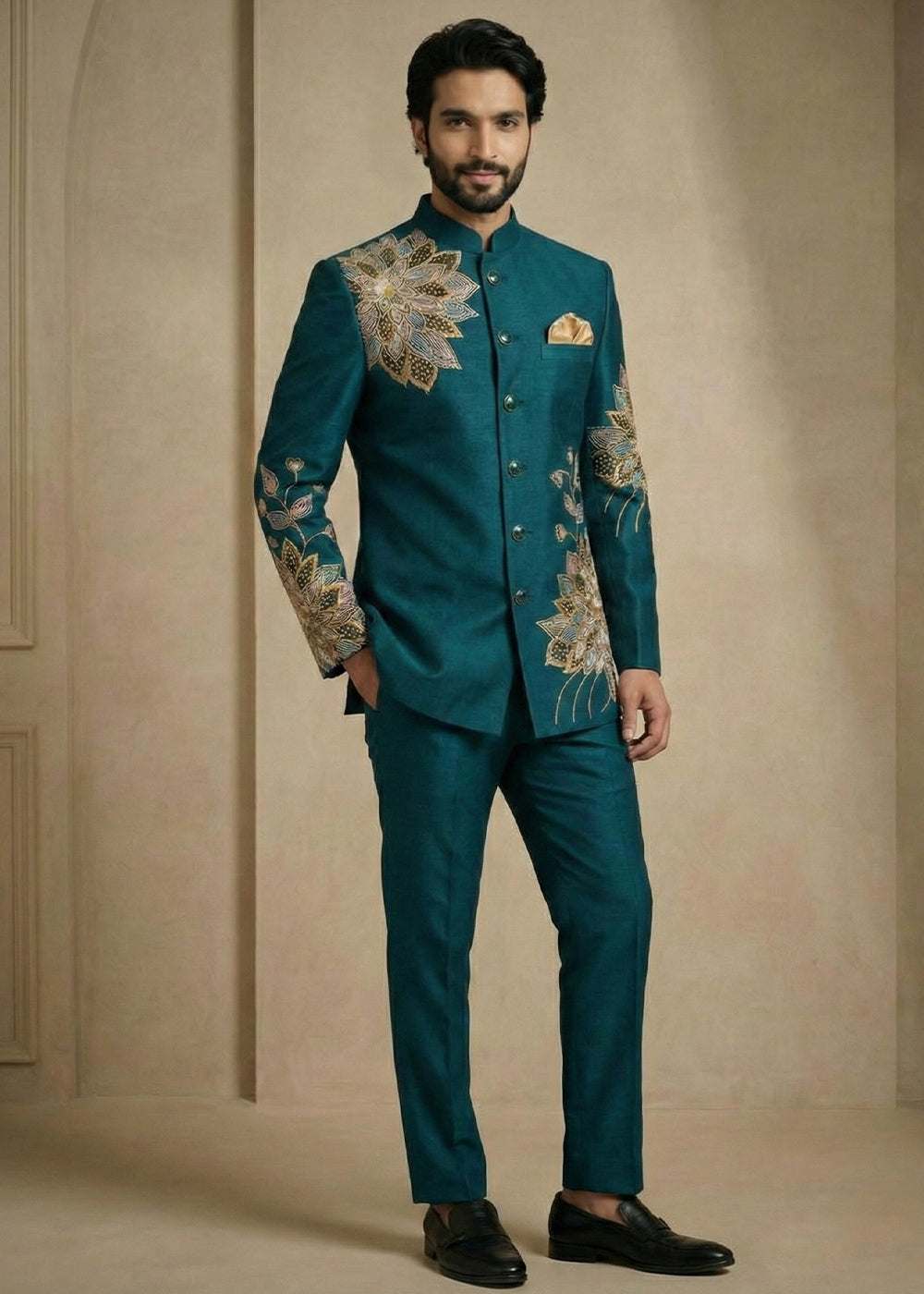 Teal Satin Silk Jodhpuri Suit with Floral Embroidery