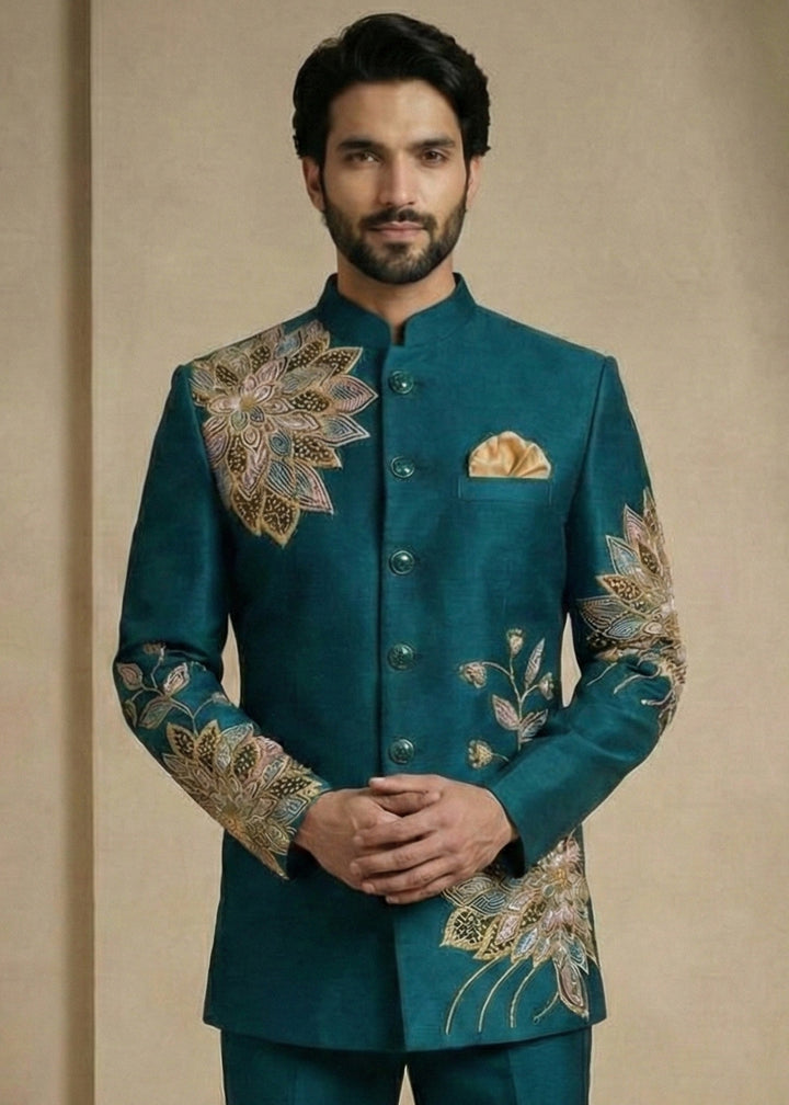 Teal Satin Silk Jodhpuri Suit with Floral Embroidery