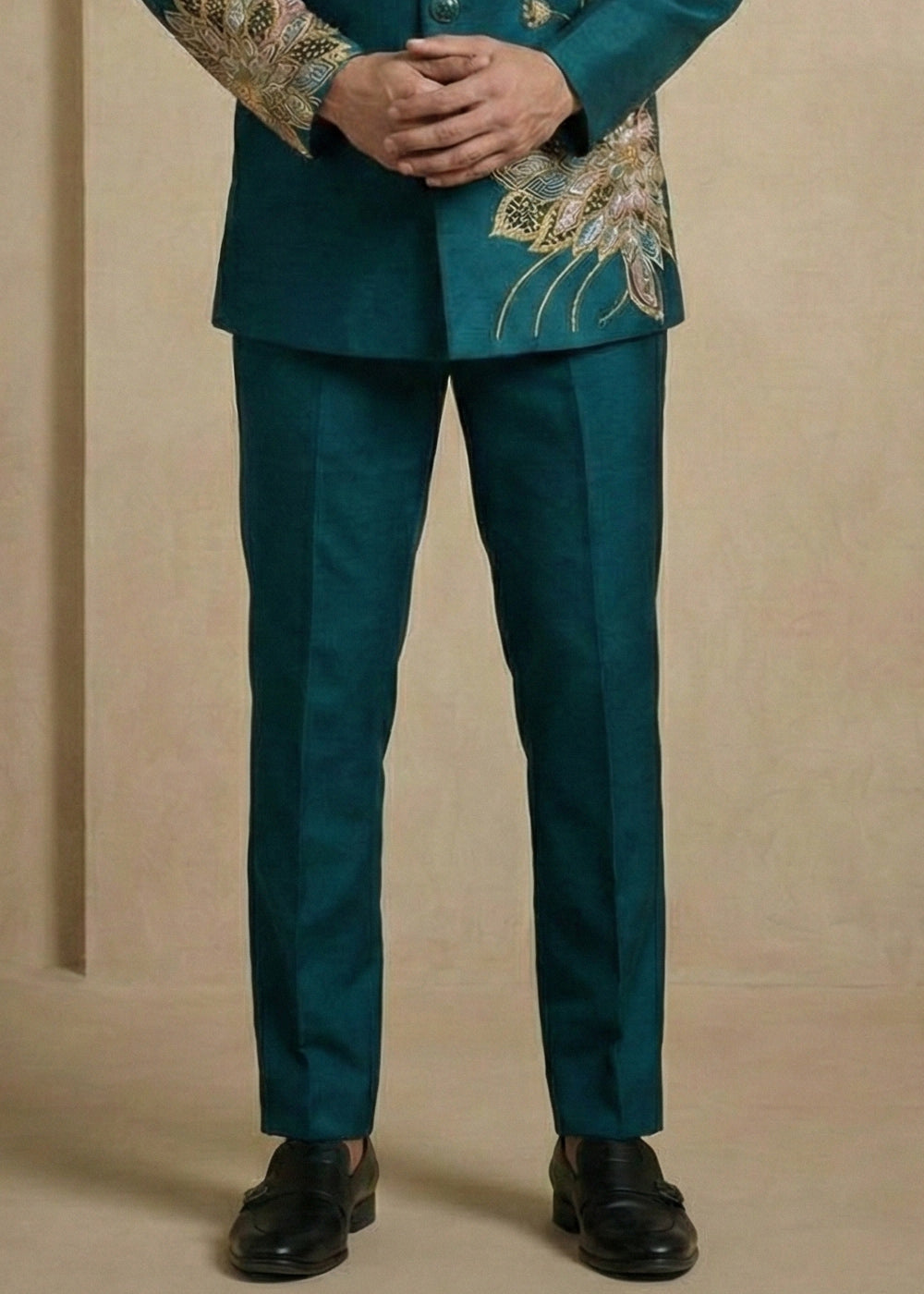 Teal Satin Silk Jodhpuri Suit with Floral Embroidery