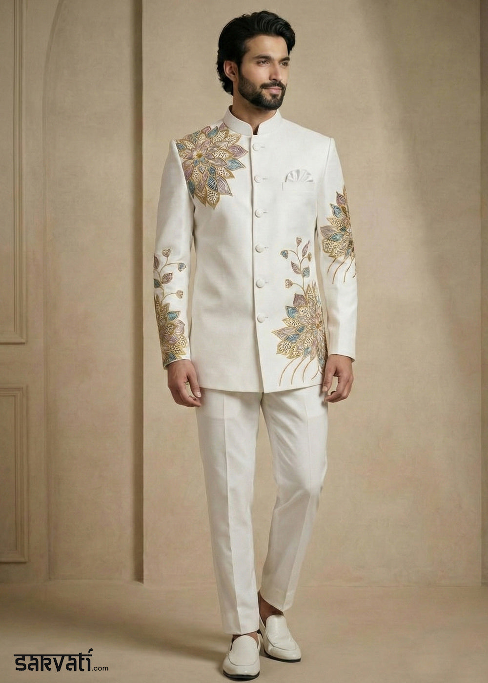 White Satin Silk Jodhpuri Suit with Floral Embroidery