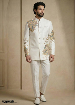 White Satin Silk Jodhpuri Suit with Floral Embroidery