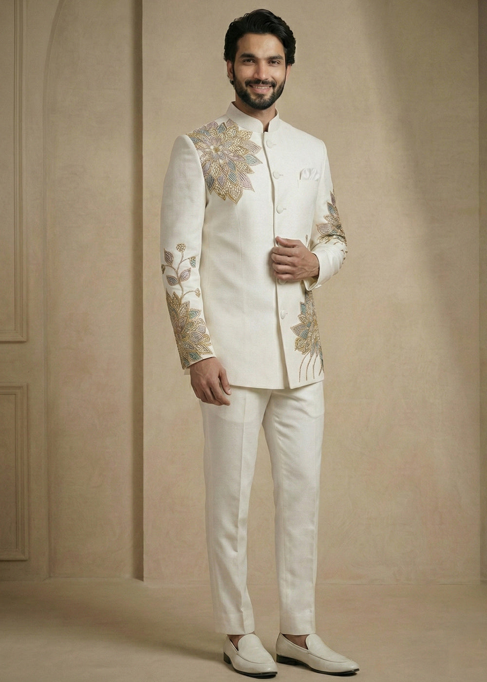 White Satin Silk Jodhpuri Suit with Floral Embroidery