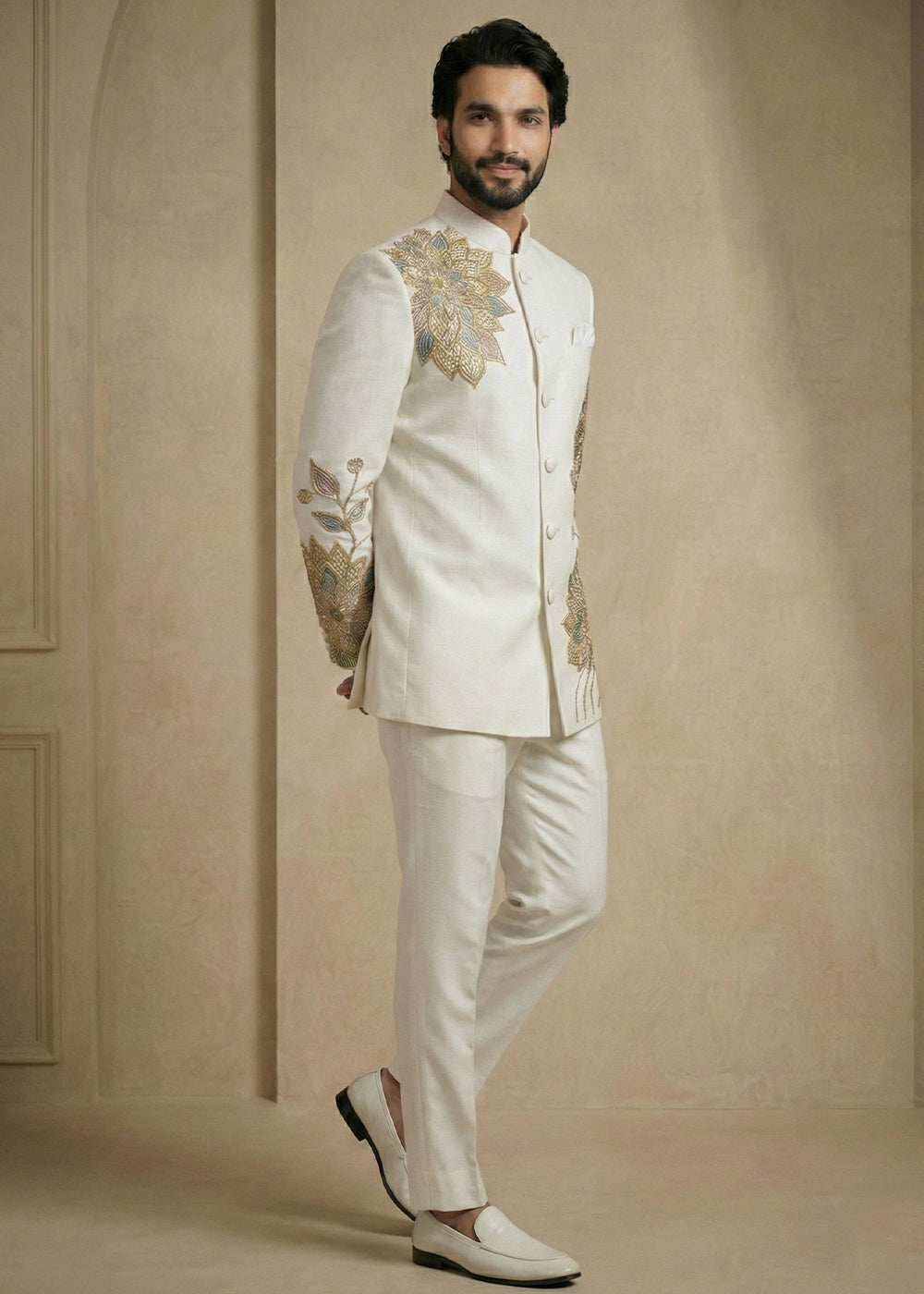 White Satin Silk Jodhpuri Suit with Floral Embroidery