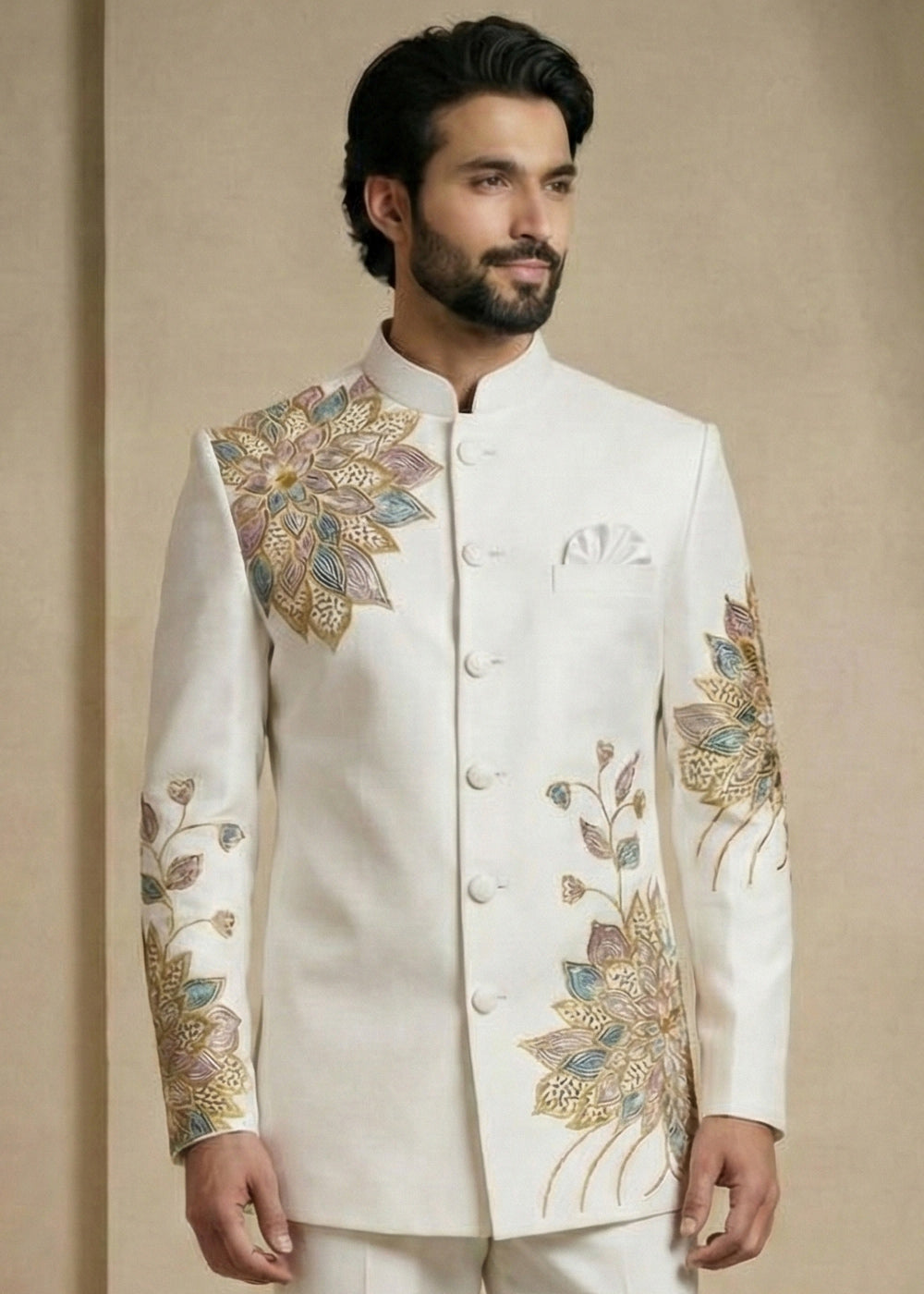 White Satin Silk Jodhpuri Suit with Floral Embroidery