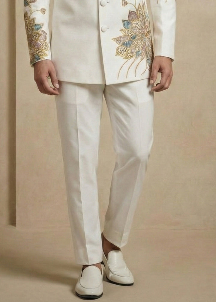 White Satin Silk Jodhpuri Suit with Floral Embroidery